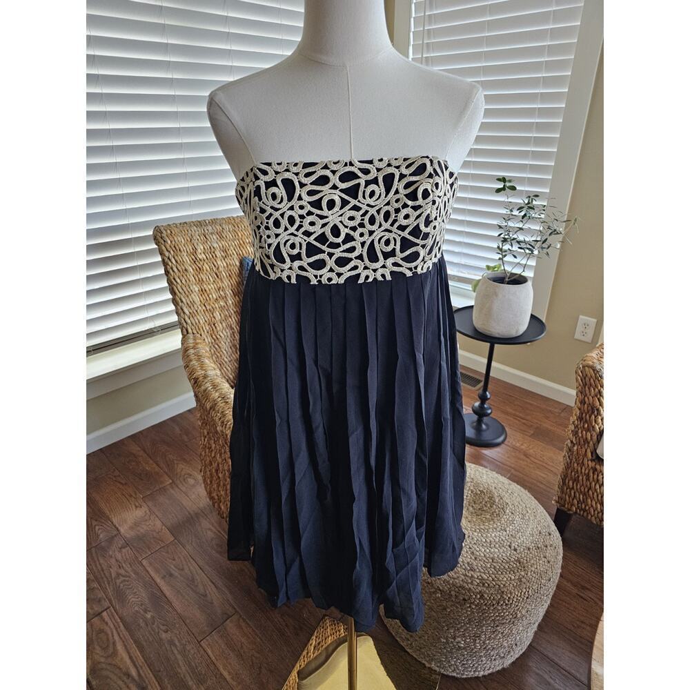 Lilly Pulitzer Jillie Black Gold Silk Chiffon Strapless Dress Size 0 Embroidered